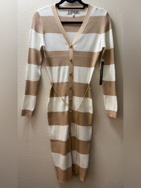 Madden Girl Striped Sweater Dress M Gold Chain Belt Midi Knit Bodycon Tan White